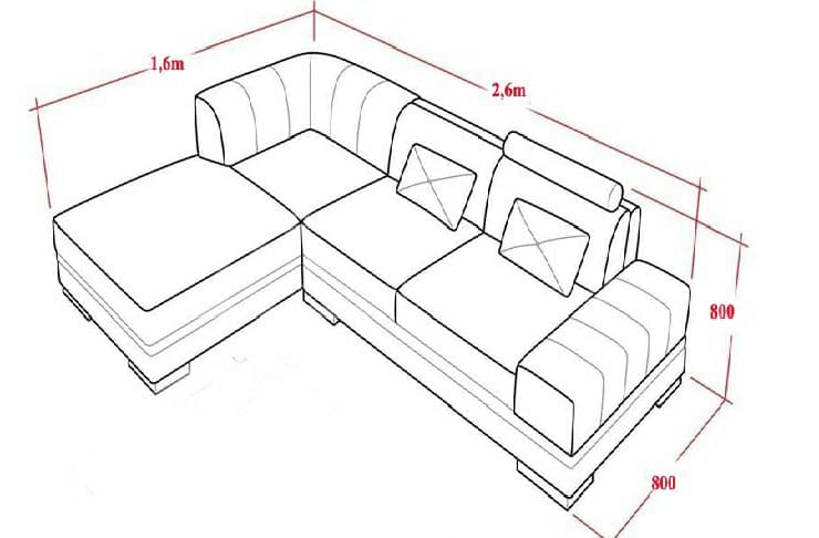 kích thước sofa chữ L kiểu 1